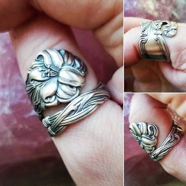Säädettävät lusikkarenkaat naisille ja miehille, hopea, vintage-kukallinen risti, boho (seos 1 risti, säädettävissä)