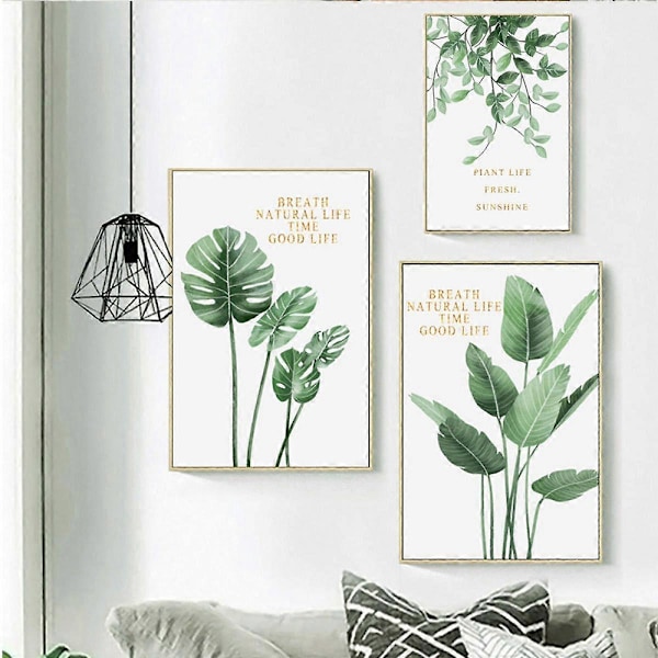 Wekity Botanisk Væghængende Kunsttryk Sæt af 3 Tropiske Blade Canvas Dekoration Plant Blad Boho Væghængende Dekoration Billeder Grøn Boho Plakater Kunst Sæt Badeværelse Væghængende