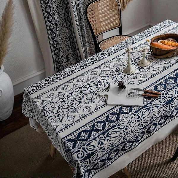 Bordduk, 100% bomull og lin Boho rektangulær duk, håndblokktrykt blomstrete duk for spisebordsselskaper, bryllup, jul, utendørs,