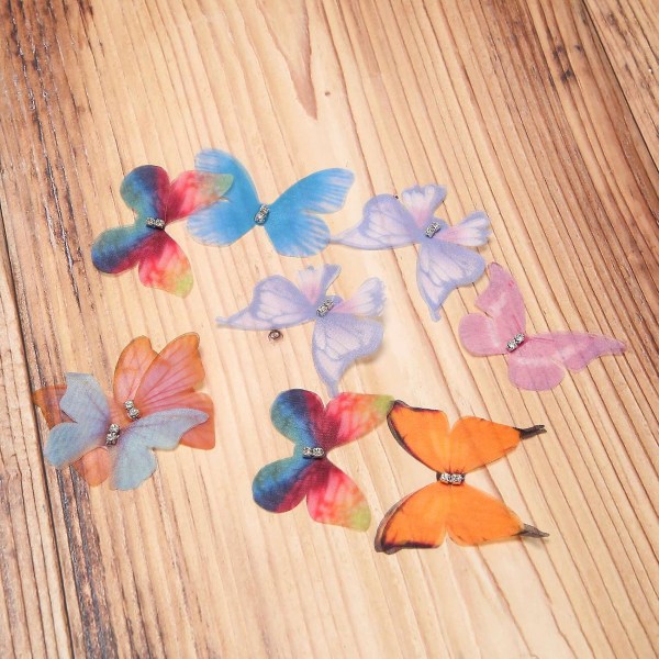 50 STK Gradient farge Organza stoff sommerfuglapplikasjoner 38 mm gjennomskinnelig chiffon sommerfugl for festdekor, dukkepynt
