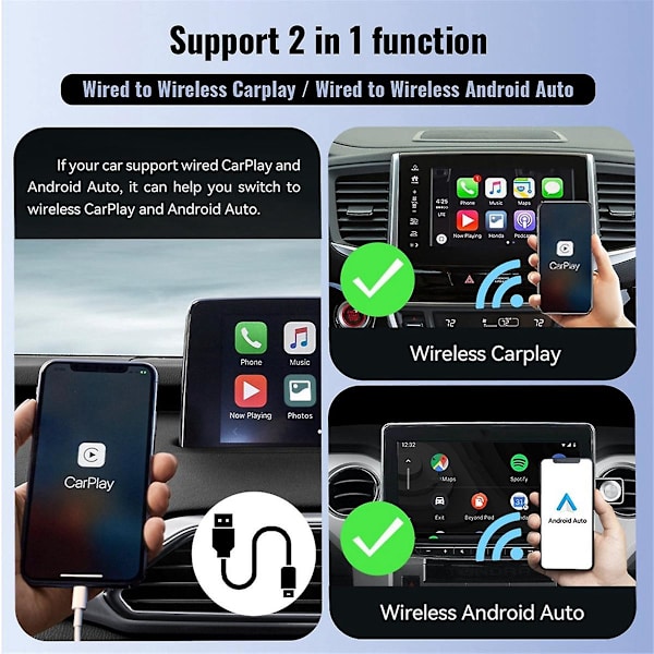 Trådløs CarPlay Android Auto Trådløs Adapter Smart Mini Box Plug and Play WiFi Hurtig Forbindelse Universal