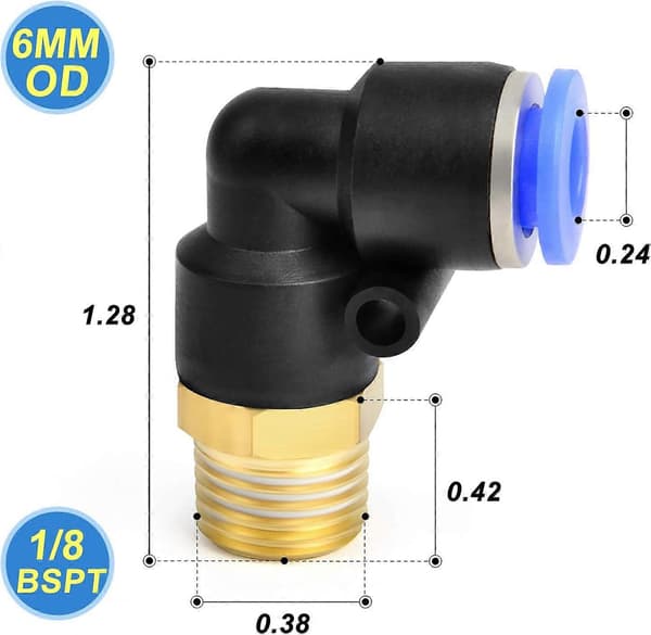 Rörmuff Vinkel 6mm Rör OD x 1/8 BSP Push-to-Connect Kopplingar PL6-01 (2-pack)