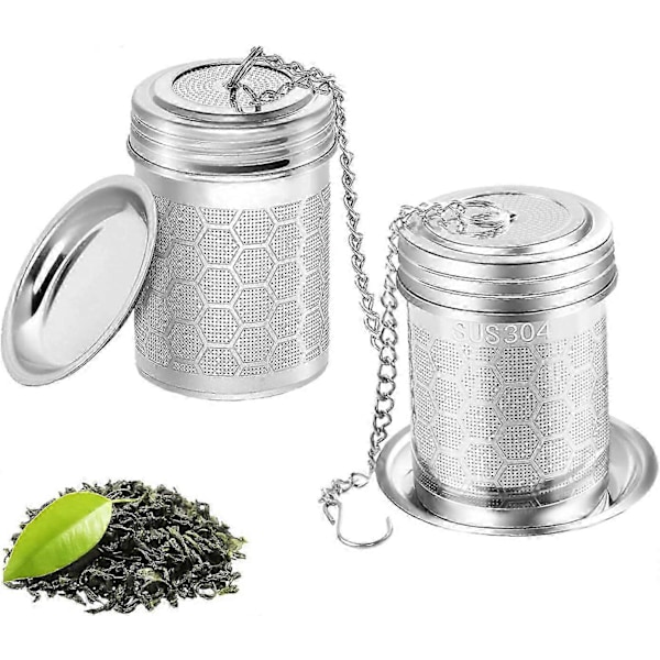 WJTG Te-infuser for løs te, 2-pakning, rustfritt stål med kjedekrok, tefilter, finmasket, gjenbrukbar krydder sil for matlaging, sylindrisk I