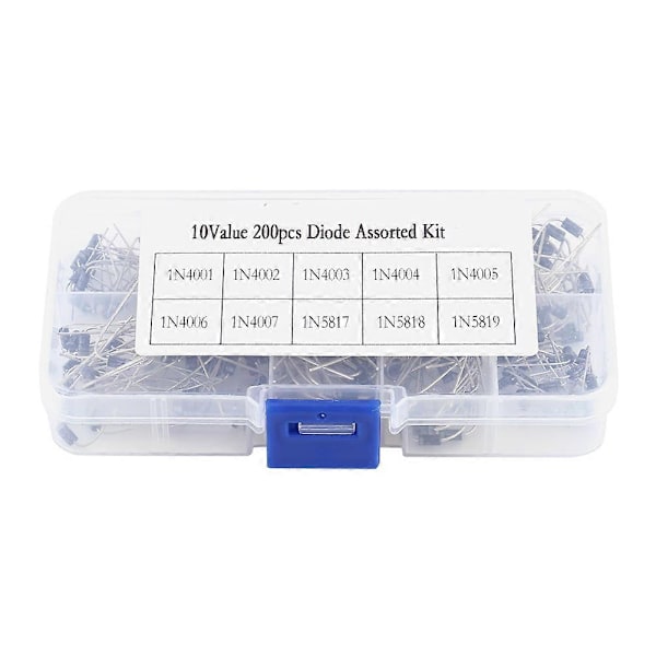 200 stk. 10 Værdier Ensretterdiode Sortiment Elektronisk Kit 1N4001~1N4007 1N5817~1N5819 Med Æske YEMAA