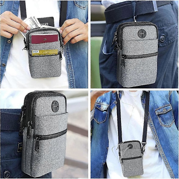 Mobiltelefon Crossbody Taske, Unisex Mobiltelefonpung Med RFID-blokerende Lomme, Vandtæt Med Justerbar Skulderrem Grå