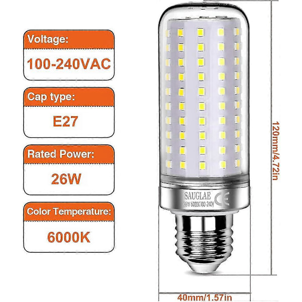 26w LED Pærer, 200w Glødepære, 3000lm, 6000k Kølig Hvid, e27 Edison Skrue Pærer, 3 Pakke [Energiklasse E]