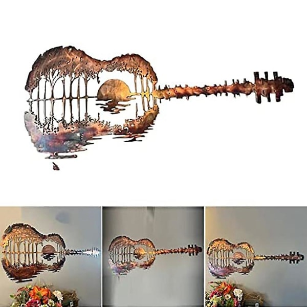 Solnedgang guitar metal vægkunst hængende væg dekoration perfekt til indendørs eller udendørs abstrakt guitar metal