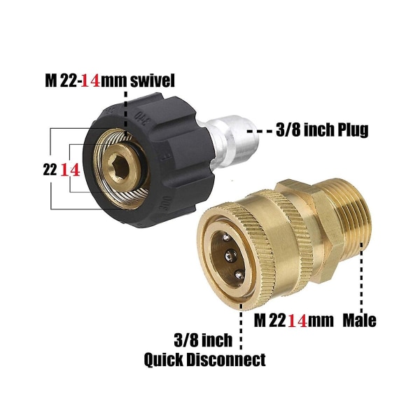 Højtryksrenser adapter sæt Quick Connect Kit Metrisk M22 14 mm til 3/8 tommer hun drejelig til M22 han