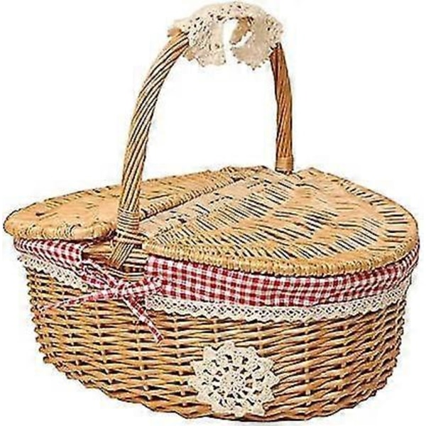 Vävd Picknickkorg i Flätad Vide med Lock - Lantlig Stil med Röd- och Vitrutig Bomullsfoder - Presentkorg