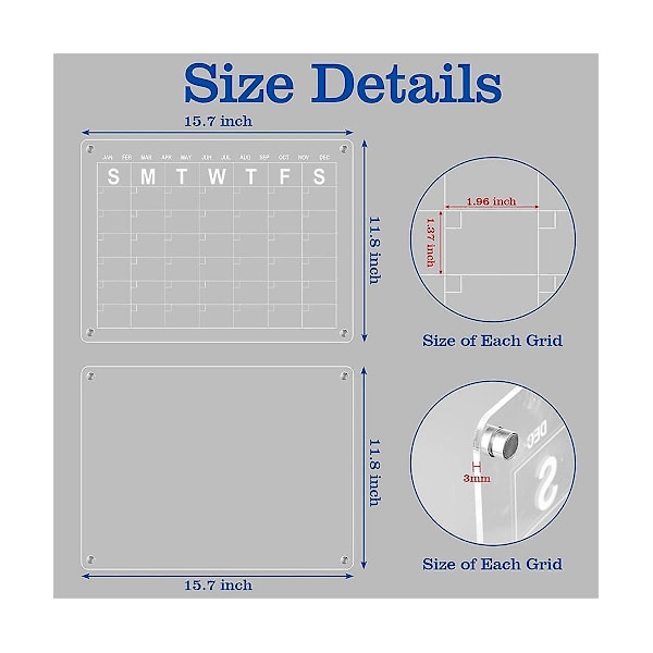2 stk Akryl Magnetisk Kalender for Kjøleskap, Tørrslettbar Tavlekalender, Gjenbrukbar Planlegger med 8 Tørrslettbare Markører
