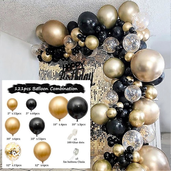 121 Delar Guld Svart Ballongbåge Girlang Kit Guld Paljettballonger för Bröllop Examen Födelsedag Julfest Dekor
