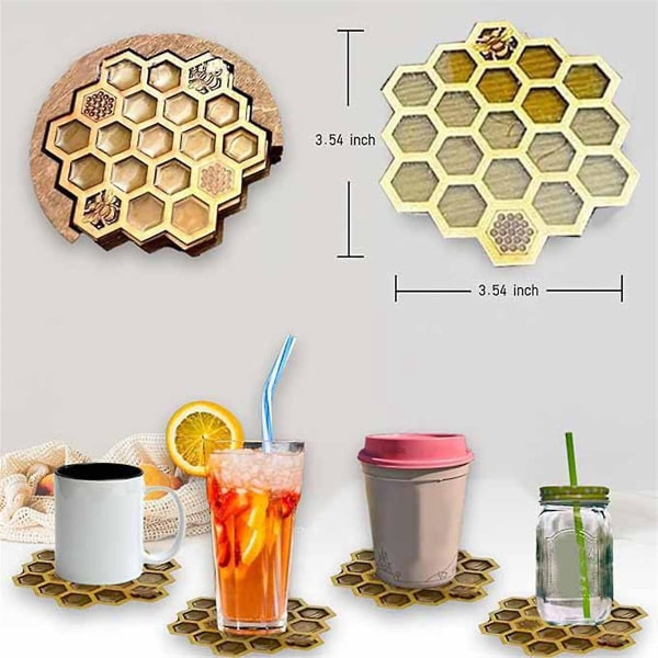 Understellsett for drinker med holder, 4 stk honeycomb-formede drikkeunderlag, krusunderlag for kald/varm