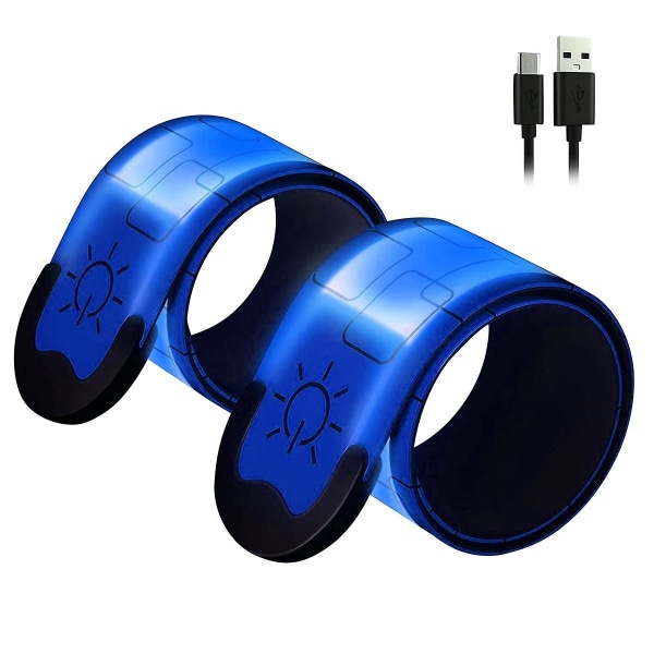 2-pack USB oppladbare reflekterende armbånd, lysbånd med høy synlighet for løpere, syklister, turgåere, kjæledyreiere, blå