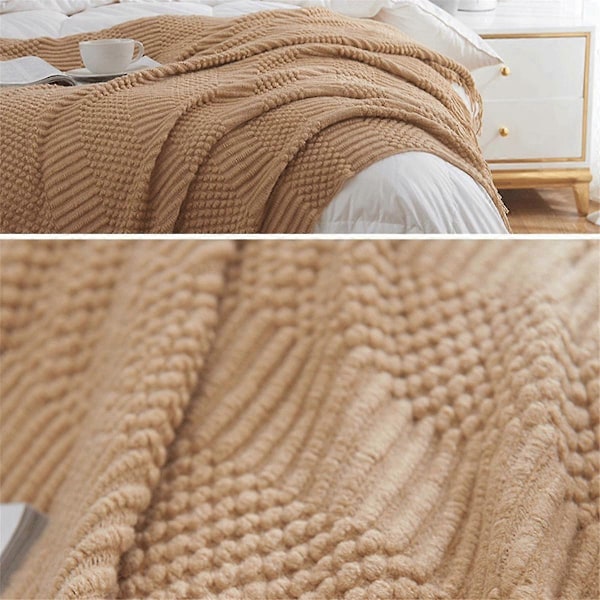 Strikket pledd for sofa, seng og divan Supermykt pledd med dusker Koselig hjemmeinnredning Gul