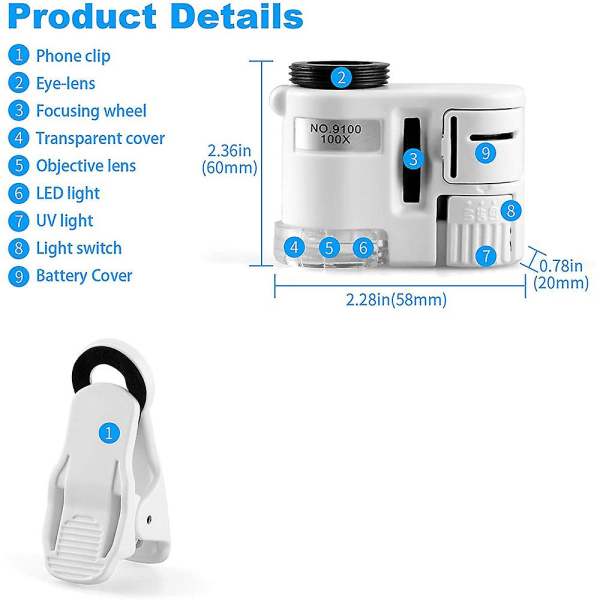 100x Zoomaus-kiinnike-mikroskooppi LED-valolla, Kannettava suurennuslasi taskumikroskooppi