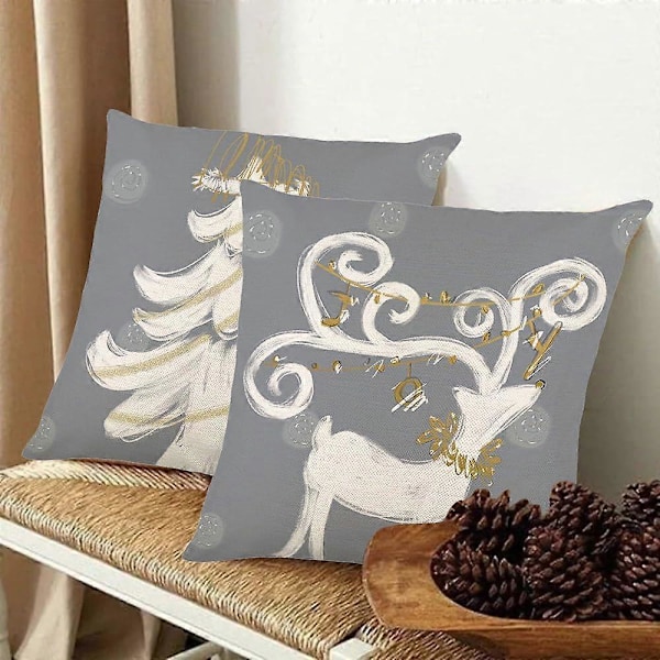 Sett med 2 Jule Elg Putetrekk 45x45 cm Hvit og Grå Julegraner Akvarell Hjort Gull Juledekor