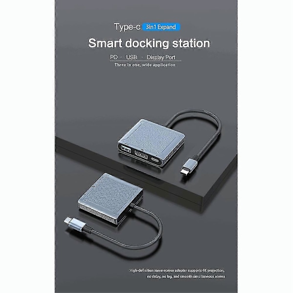3-in-1 USB Type-C -telakointiasema, Type-C - DisplayPort - USB 3.0 -liitäntä, PD 100W, 8K@60Hz, 4K@144Hz, muuntaja MacBookille