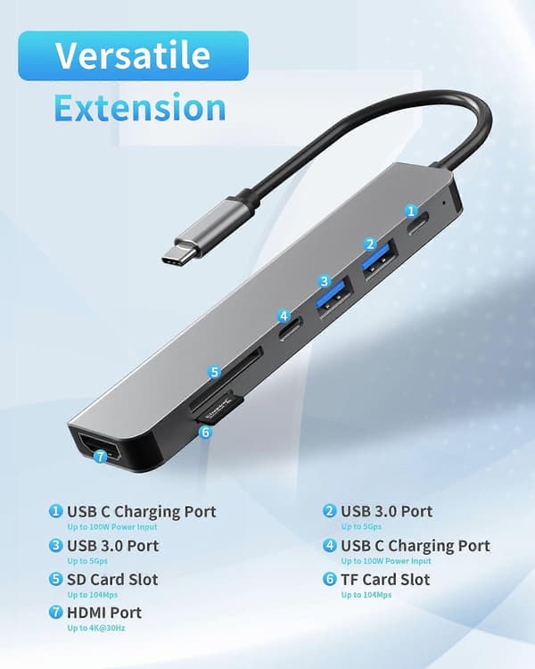 7-i-1 USB C-hub USB C-adapter TF/SD-kortleser USB-hub for bærbar PC