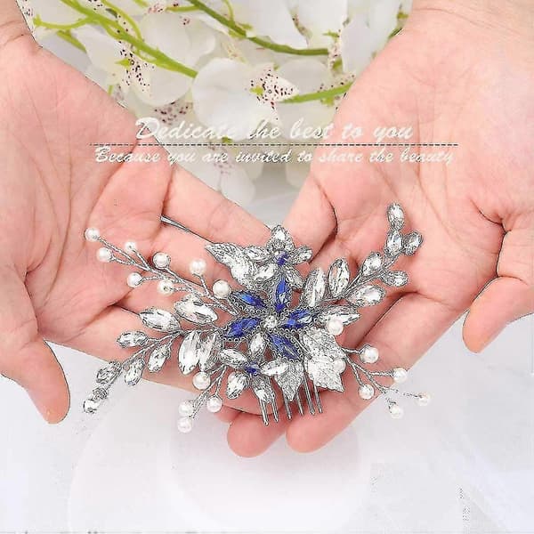 Bryllupshårkam Blå Rhinestone Brudehårtilbehør til brud og brudepiger Bryllupshårstykke Sølv