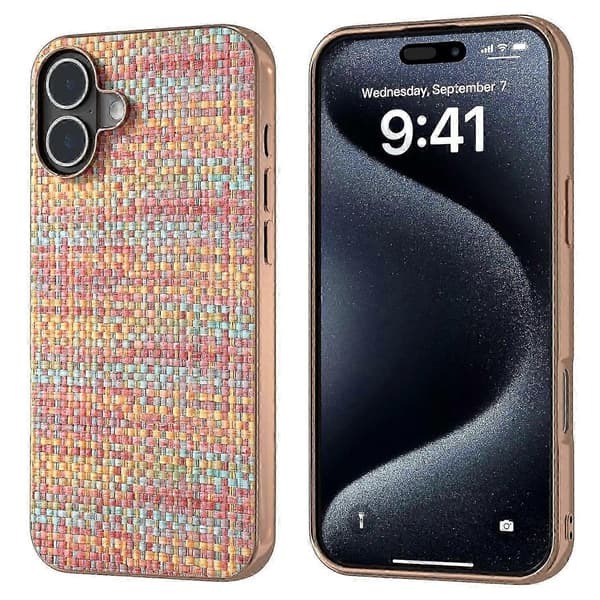 Til iPhone 16 etui galvanisering kant ternet tekstur PU læder+PC+TPU telefoncover -