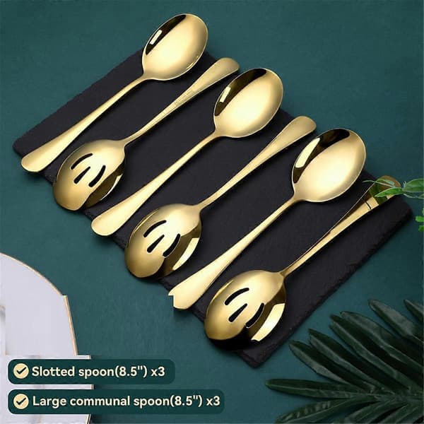 Guld Serveringsskeer 6 Stykker, Rustfrit Stål Serveringsredskaber med Spejlpolering, 3 Serveringsskeer og 3 Hulskeer