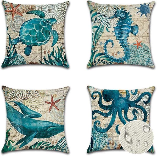 Set med 4 st Kuddfodral 45x45cm Havsdjur Mönster Örngott
