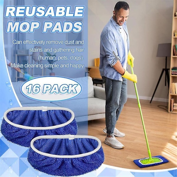 16 stk. vaskbare moppeputer for moppefyllinger, gjenbrukbar moppeklut for rengjøring av harde gulv, tørr og våt
