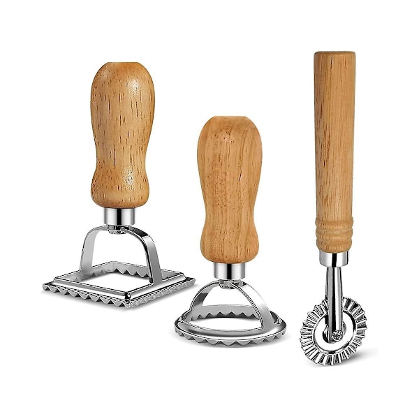 Ravioli Pasta Cutter Sett, Ravioli Stemplemaker med Trehåndtak for Ravioli, Pasta, Dumplings Lasagna, Pierogi