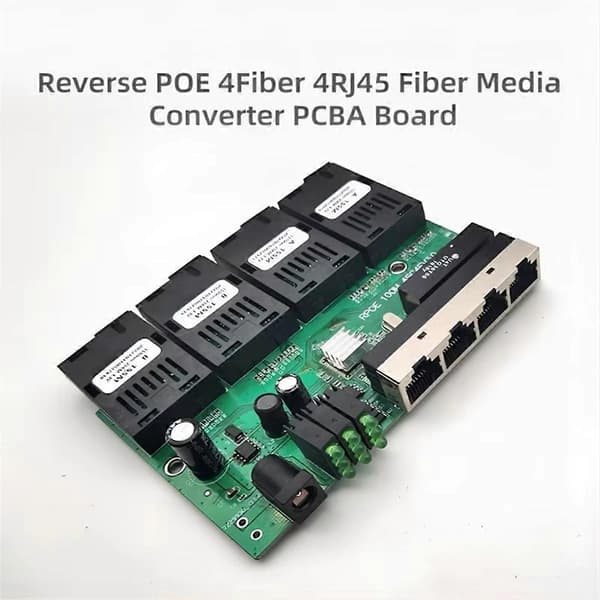 100M Reverse POE Fast Ethernet Fiber Switch 4F4E Output 12V Optisk Mediekonverter Ethernet SC PCB