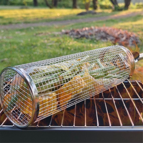 Rullende Grillkurver For Utekoking - Rundt Grillkurv I Rustfritt Stål Med Lås, B