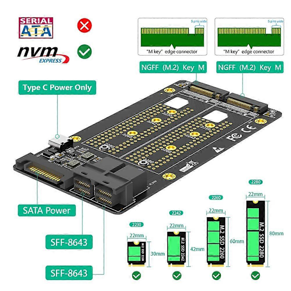 Ny Version Dobbelt M.2 NVME SSD til Dobbelt SFF-8643 Adapter