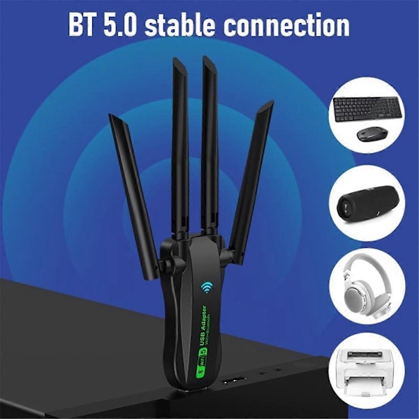 Nytt USB Nettverkskort 1300M Bluetooth 5.0 2-i-1 Datamaskin 2.4G 5GHZ Trådløs WiFi Mottaker 2.4G Dobbel