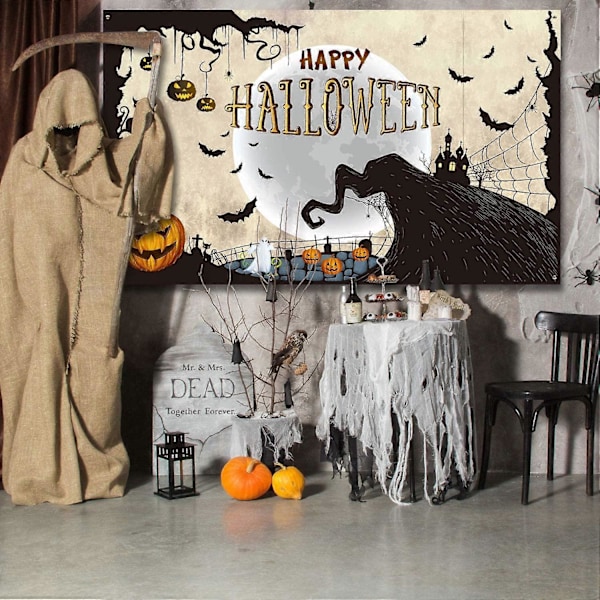 Halloween-festdekoration, glad halloween-banderoll bakgrund, landsby natt måne pumpa slott