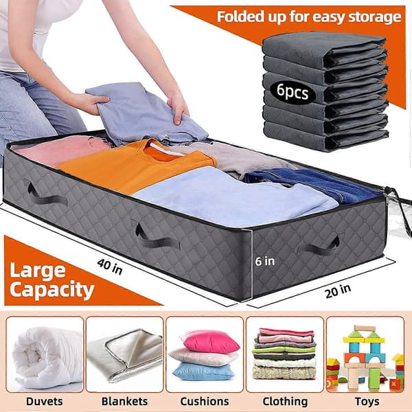 6 Pak Underbed Opbevaringsposer, Foldbare Under Bed Container Kasser Organizer til Tøj, Tæppe, Sko