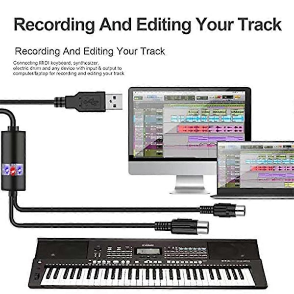 USB MIDI Kabel MIDI til USB Kabel Adapter Konverter Tilslut Klaver Keyboard til PC/Laptop for Redigering&
