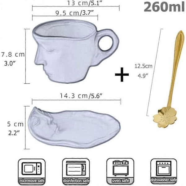Keramisk Ansiktsmuggset, Cappuccino Latte-kopp och fat, Kreativa Tekoppar och fatset