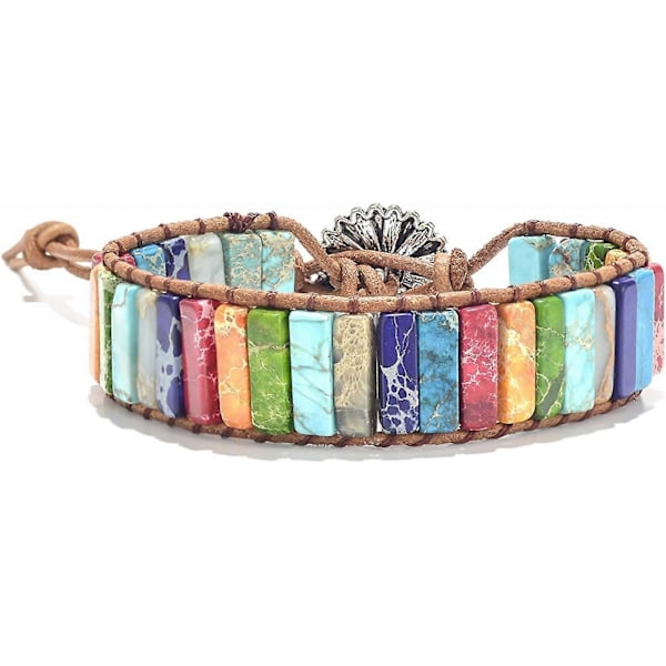 AVEKI 7 Chakras Armband för Kvinnor med Äkta Stenar Läder Wrap Healing Bead Armband Kvinnor Män Boho Vänskapssmycken, Solrosknapp