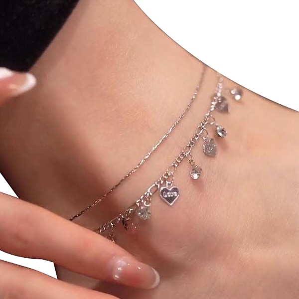 Rhinestones Heart Link Chain Anklet Double Layer Bracelet For Women Teen Girls