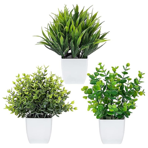 3-pak falske planter i krukker Kunstig eukalyptusplante Mini-potte kunstige planter indendørs, små plastik