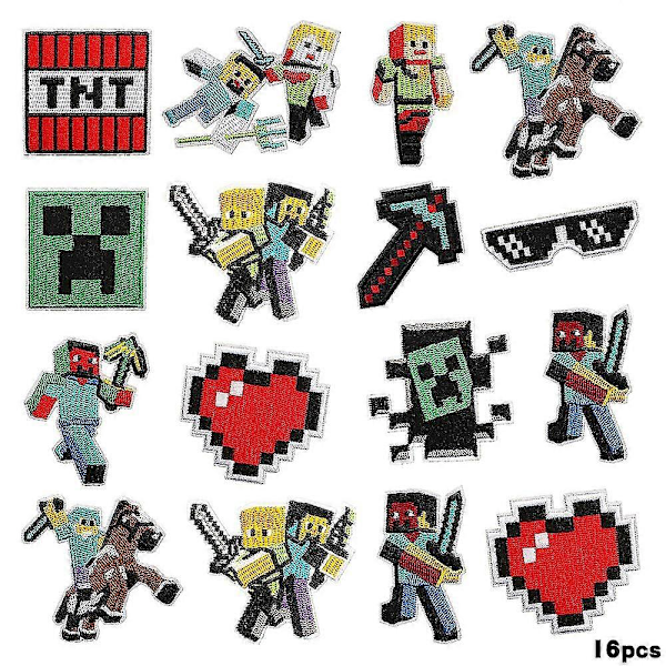 Strygejern-på-lapper, 16 stk Minecraft Brodererede Applikationslapper Sy-på Strygejern-på-lapper DIY Dekoration Dekorerende Lapper, 16 stk Minecraft Broderi