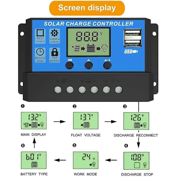 Aurinkolataussäädin, 30A aurinkopaneelisäädin 12V/24V PWM automaattinen parametrien säädettävä LCD-näyttö aurinkopaneeli