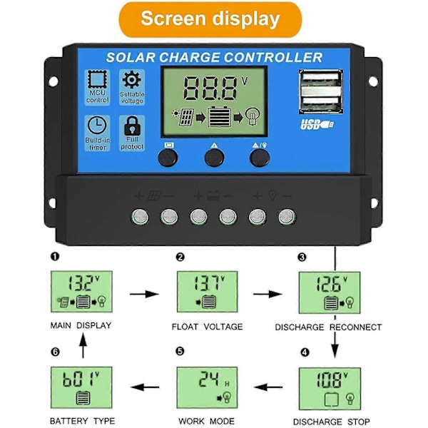 Solar Laderegulator, 30a Solcellepanel Regulator 12v/24v Pwm Auto Parameter Justerbar LCD-skjerm Solcellepanel