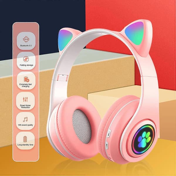 NEREN Barne Hodetelefoner Bluetooth 5.0 Multifunksjon Katteøre Ekstra Lang Batteritid Stereo Lyd LED Lys Sammenleggbar Justerbar Bærbar Headset Multi-co