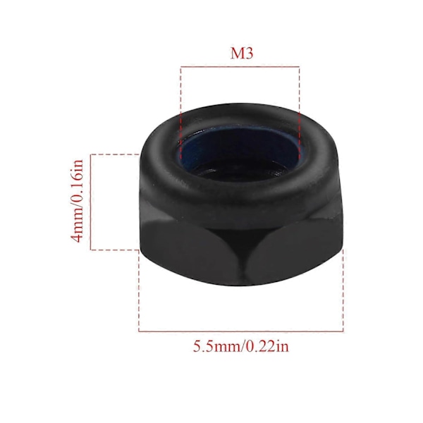 50 KPL M3 x 0,5 mm Nylon Insert Hex Lock -lukkomutterit, musta sinkitty nylonlukkomutterit