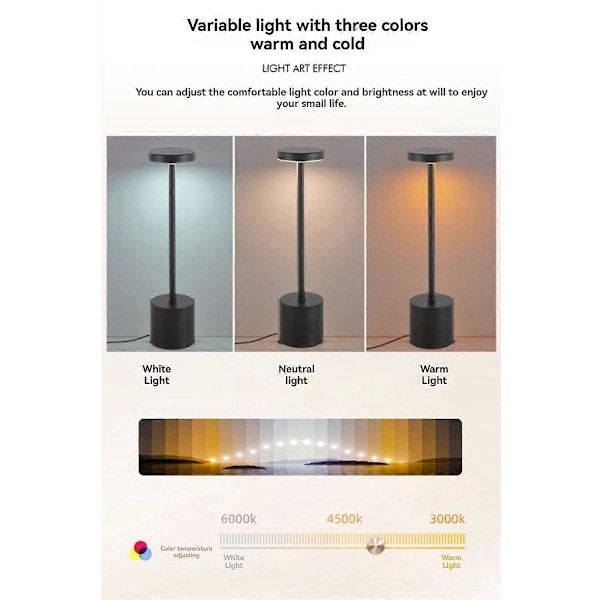 2 stk. Trådløs Bordlampe 800mAh Oppladbare Batteridrevne Lamper 3 Farger Trinnløs Dimming LED Trådløse Utendørslamper