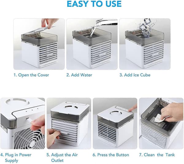 Mini Airconditioner, 3 i 1 Bærbar Mini Luftkøler, Luftkøler & Luftfugter Ventilator & Luftrenser med 3 Justerbare Hastigheder 7 LED-lys