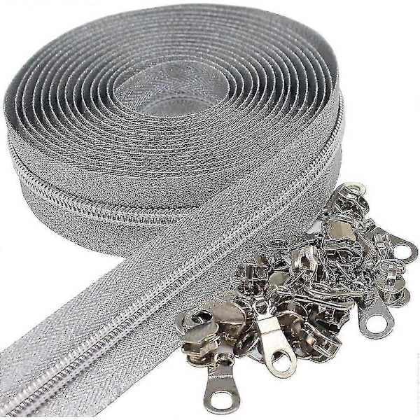 Silver Metallic Nylon Dragkedjor på Metervara Bulk Dragkedja Rulle 10 Yards Med 25st Dragskor För DIY Sömnad Hantverksväskor (silvertejp)-AM
