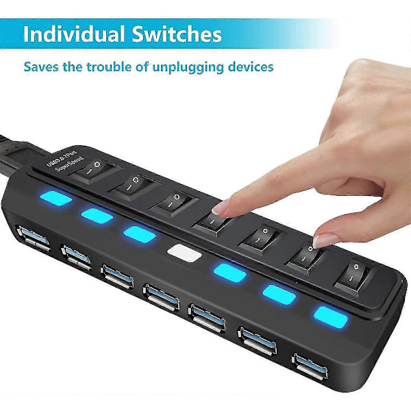 USB-hubb 3.0 7 portars datahubb USB-splitter med individuella strömbrytare
