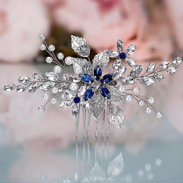 Bryllupshårkam Blå Rhinestone Brudehårtilbehør For Brud og Brudepiker Bryllupshårstykke Sølv