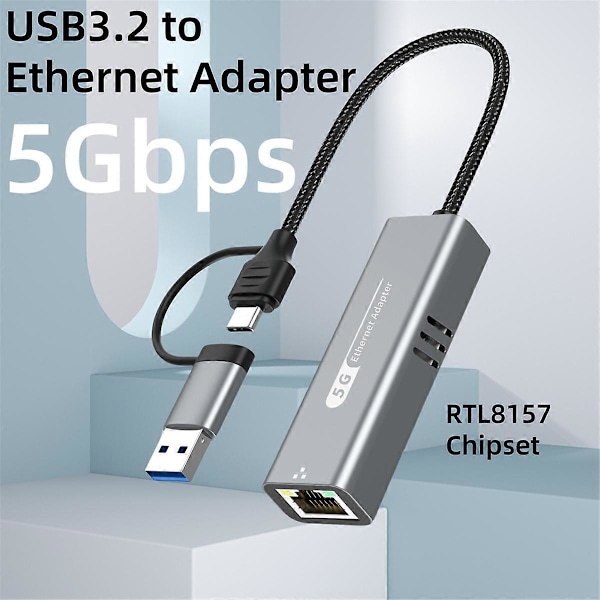 USB 3.2 til 5Gbps Ethernet-adapter RTL8157 5000Mbps RJ45 Nettverkskonverter for bærbar PC Støtter 5G, 2.5